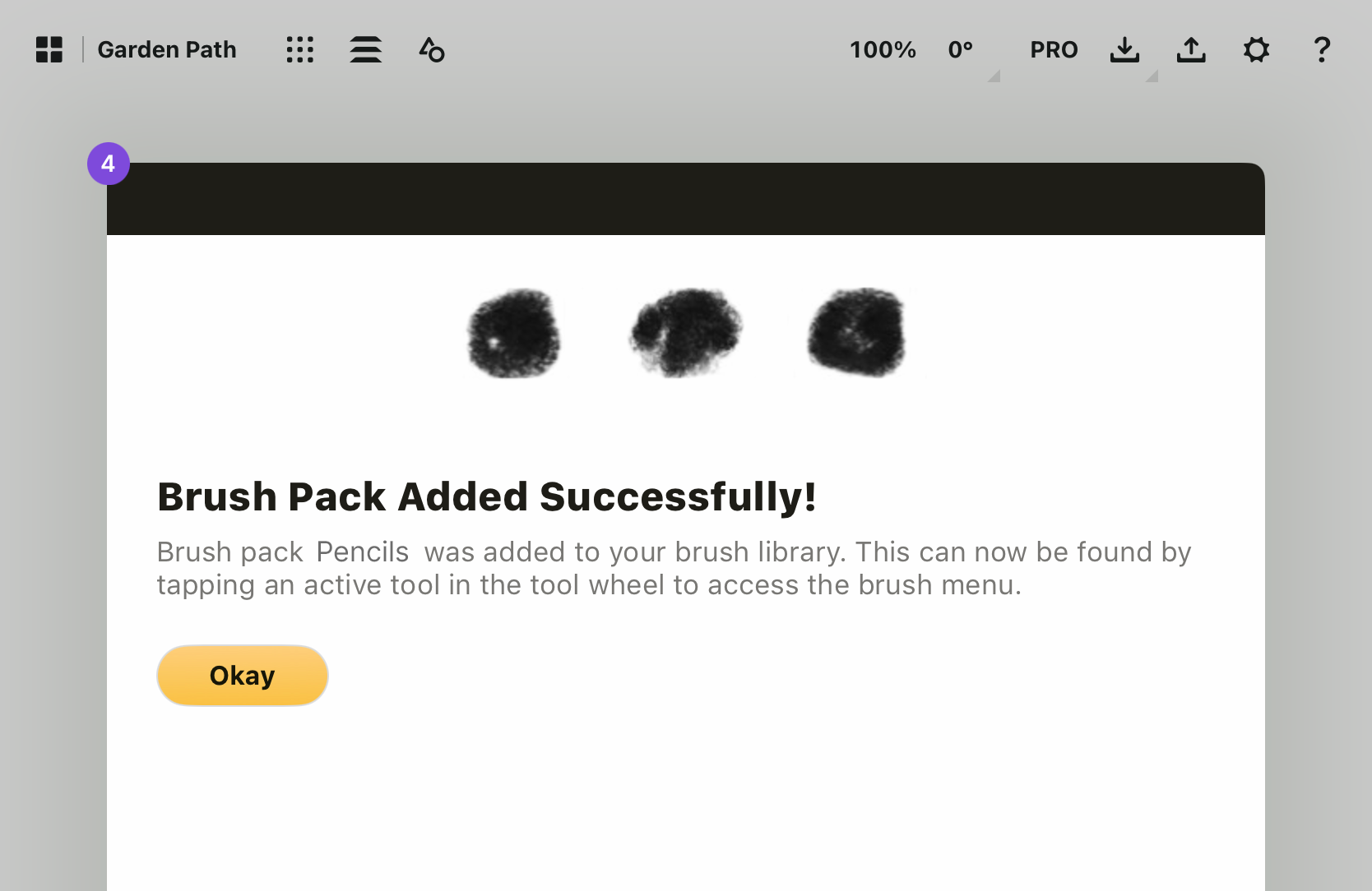 Brush pack import success notification