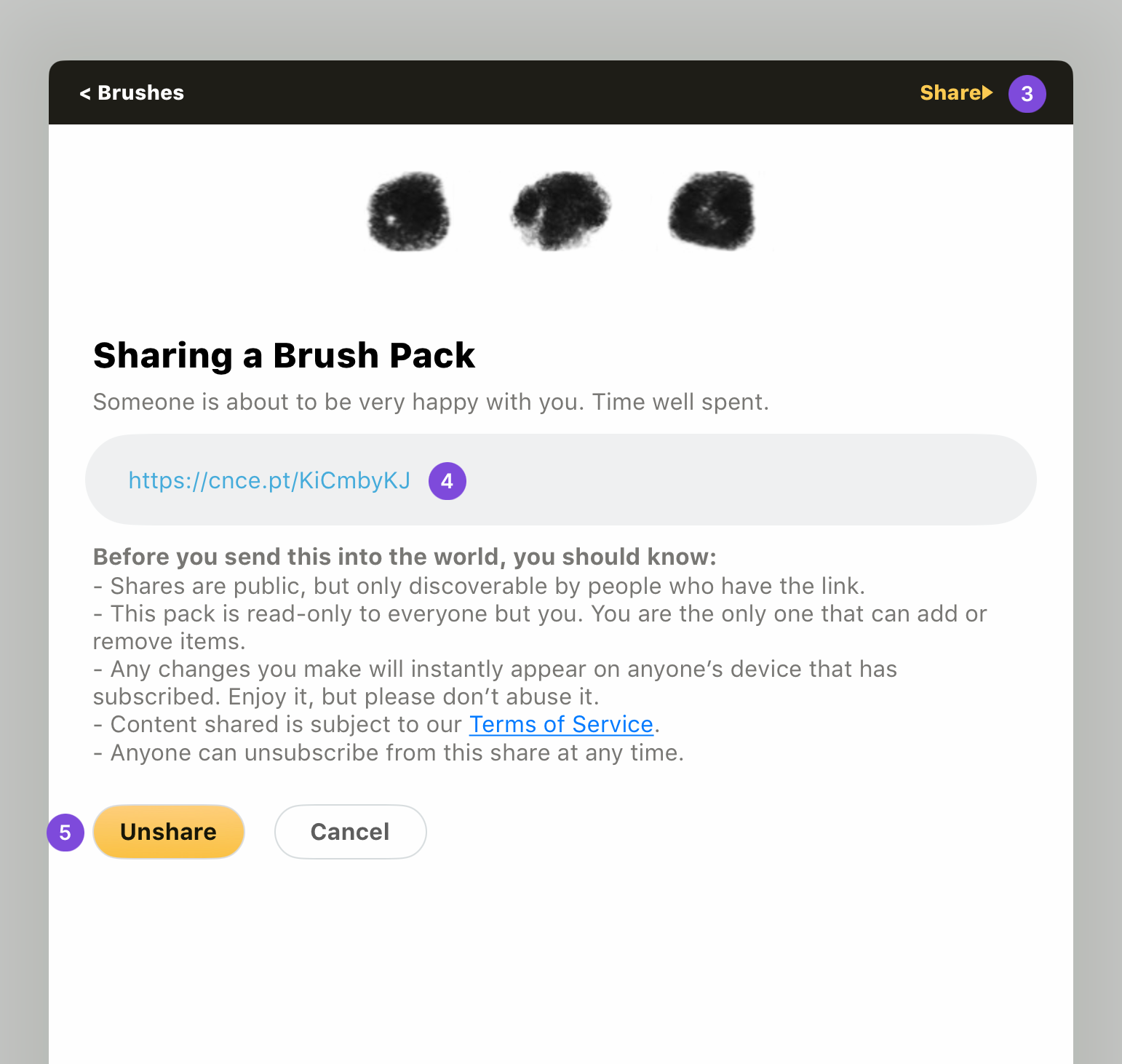Brush pack sharing screen