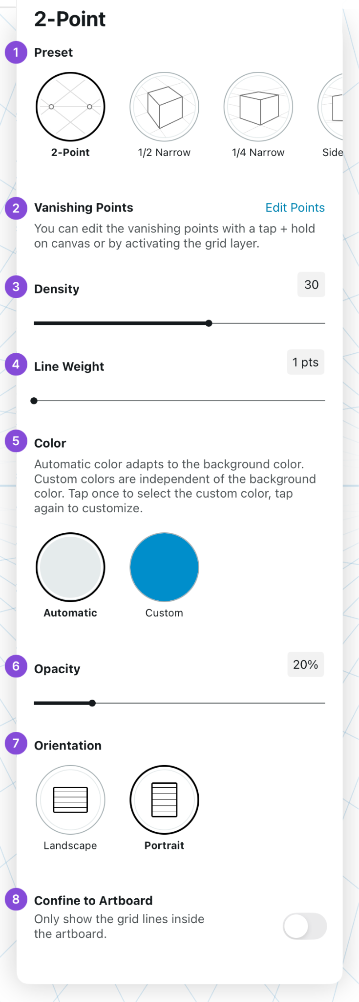 2-Point grid settings panel with numbered callouts for Preset, Vanishing Points, Density, Line Weight, Color, Opacity, Orientation and Confine to Artboard