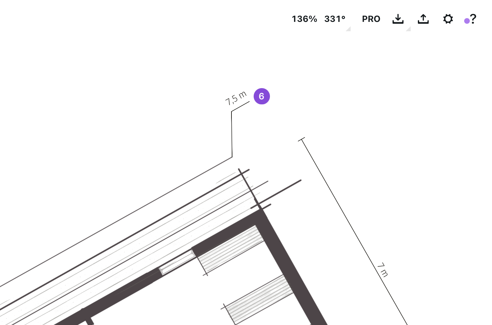 Floor plan corner with a 7.5 meter measurement label repositioned to the upper left, offset from the dimension line