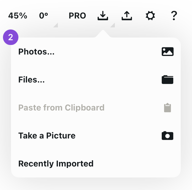 Import Menu options