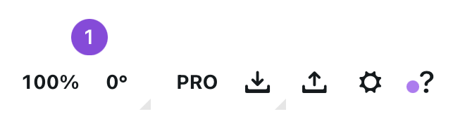 Status bar showing zoom percentage, rotation angle, PRO badge and toolbar icons with a callout on the zoom indicator