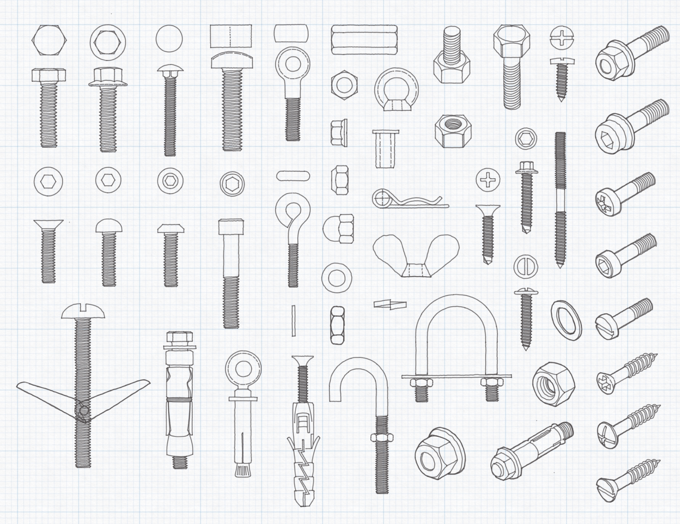 Overview of all 50 components in the Nuts and Bolts Object Pack