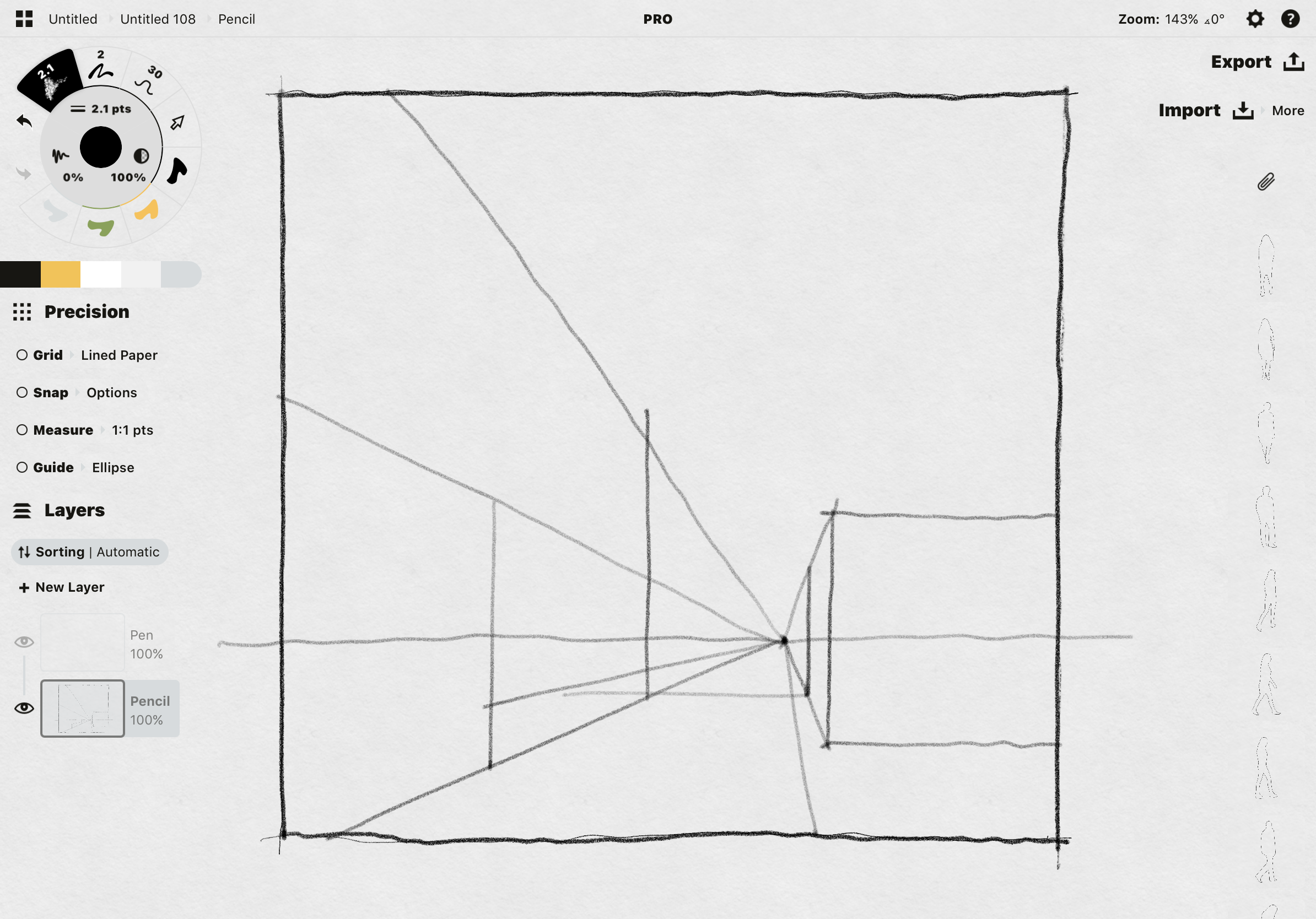 Pencil composition sketch with vanishing point