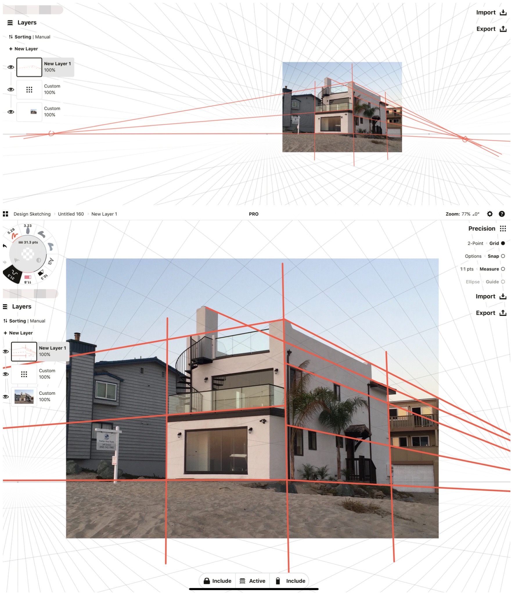 Beach house drawn in 2-point perspective
