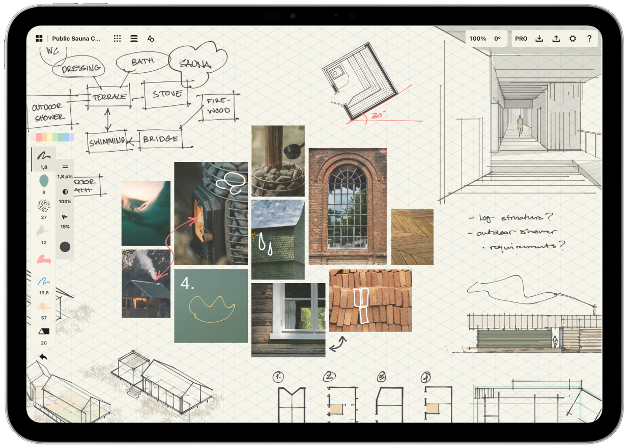 mood board depicting hand sketches, images, and site plans.